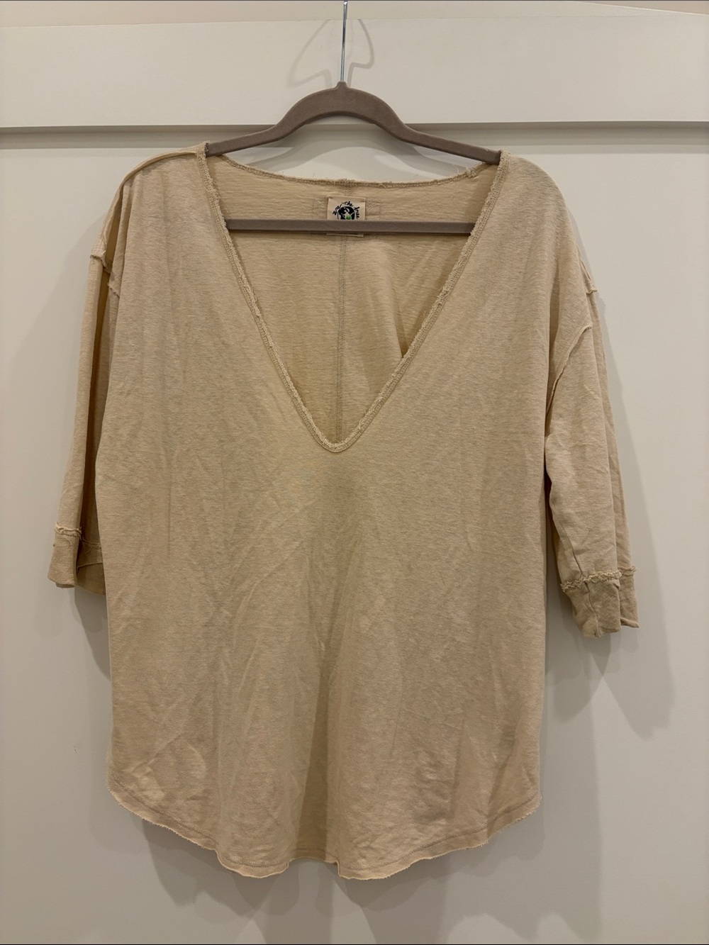 We The Free Raw-Edge Deep V Short Sleeve Top in Beige